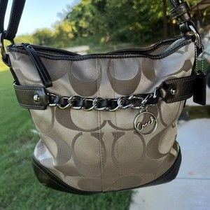 Coach Purse F19730 Signature Optic Metallic Tan Leather Shoulder Crossbody Bag